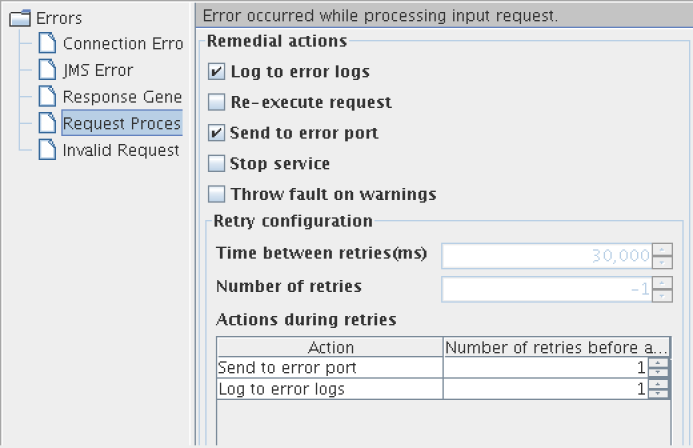 Available actions for Request Processing Error category