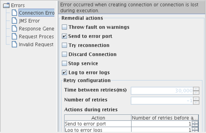 Available actions for Connection Error category