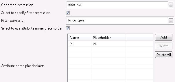 Providing the Condition expression, Filter expression and the list of Attribute placeholders